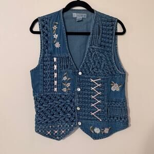 Vintage 100% Cotton Denim Vest Mother of Pearl Prairie Cottagecore Floral Sz Med